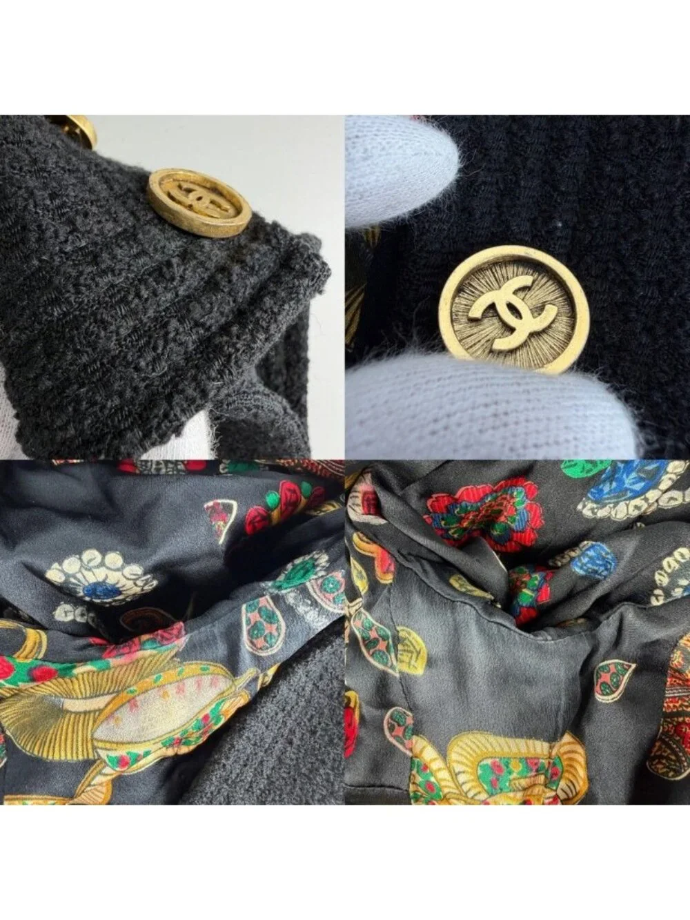 Chanel Set CC Logo Chain Collarless Jacket Skirt Vintage 38 Black Gold Wool